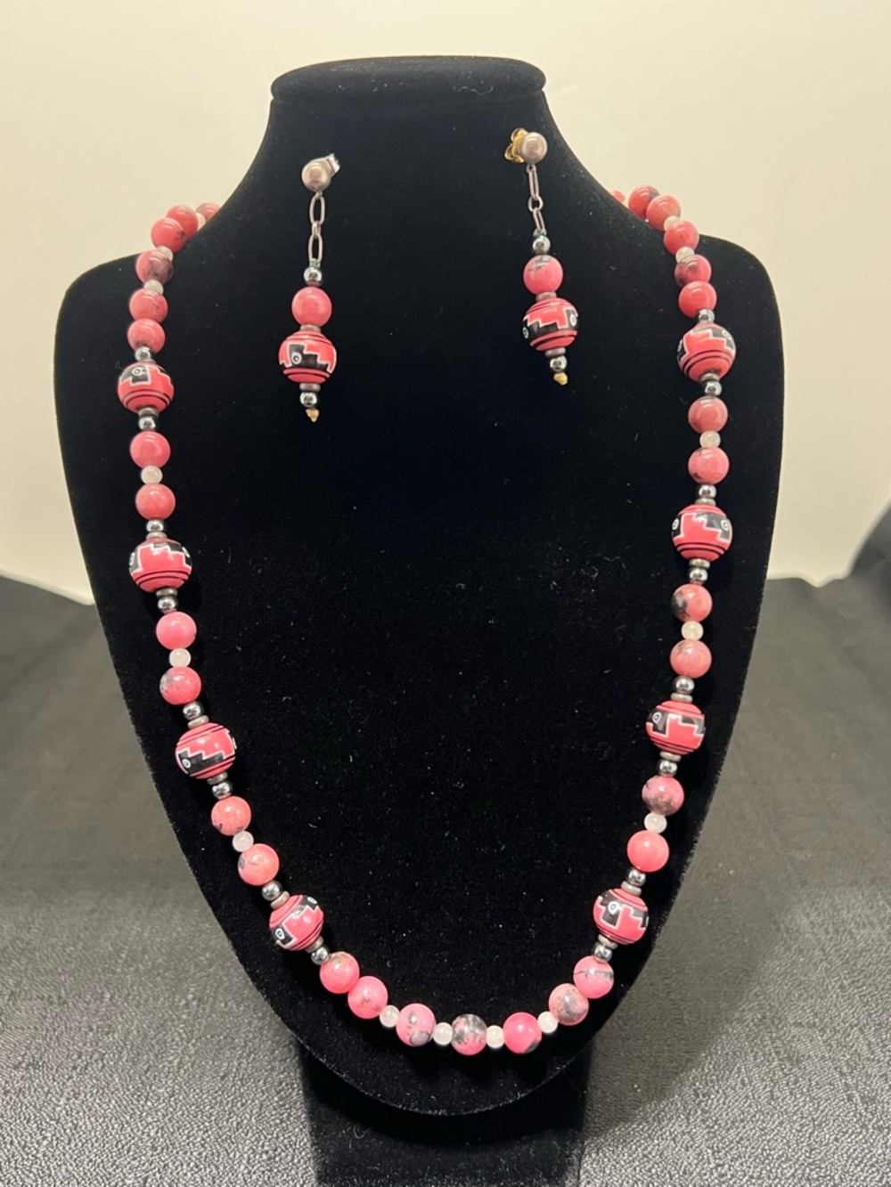 Rose Pink and Silver Aztec Necklace and Earrings Natural Rhodonite
